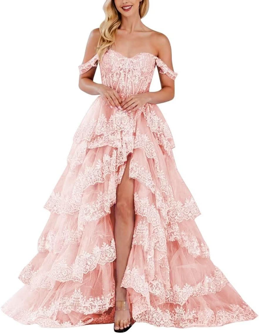 Lace Appliques Prom Dresses for Women Sparkly Tiered Tulle Off The Shoulder Formal Evening Gowns with Slit - Bmbride
