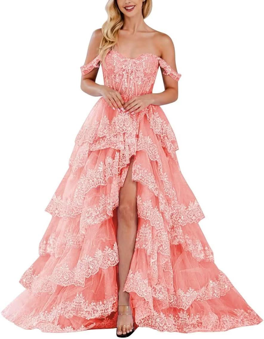Lace Appliques Prom Dresses for Women Sparkly Tiered Tulle Off The Shoulder Formal Evening Gowns with Slit - Bmbride