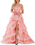 Lace Appliques Prom Dresses for Women Sparkly Tiered Tulle Off The Shoulder Formal Evening Gowns with Slit - Bmbride