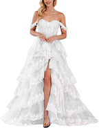 Lace Appliques Prom Dresses for Women Sparkly Tiered Tulle Off The Shoulder Formal Evening Gowns with Slit - Bmbride