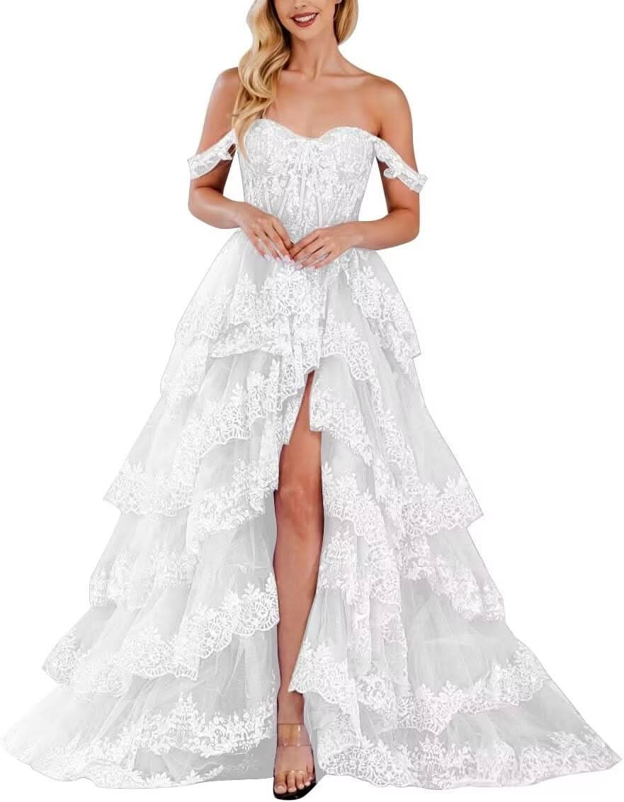 Lace Appliques Prom Dresses for Women Sparkly Tiered Tulle Off The Shoulder Formal Evening Gowns with Slit - Bmbride
