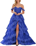 Lace Appliques Prom Dresses for Women Sparkly Tiered Tulle Off The Shoulder Formal Evening Gowns with Slit - Bmbride