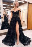 Lace Appliques Prom Dresses for Women Sparkly Tiered Tulle Off The Shoulder Formal Evening Gowns with Slit - Bmbride