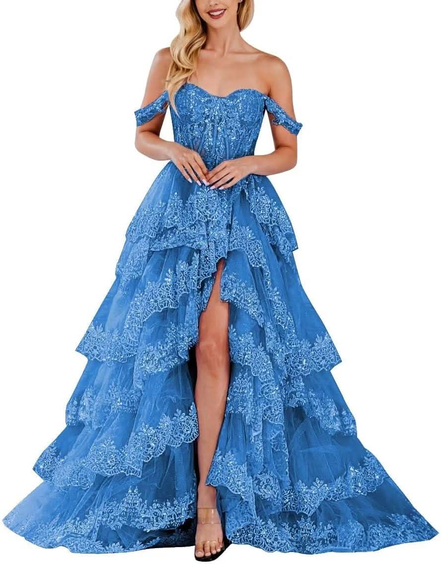 Lace Appliques Prom Dresses for Women Sparkly Tiered Tulle Off The Shoulder Formal Evening Gowns with Slit - Bmbride