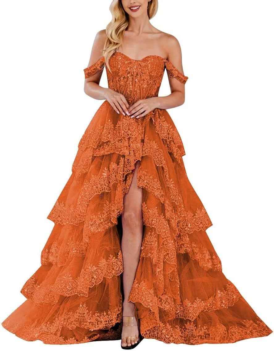 Lace Appliques Prom Dresses for Women Sparkly Tiered Tulle Off The Shoulder Formal Evening Gowns with Slit - Bmbride