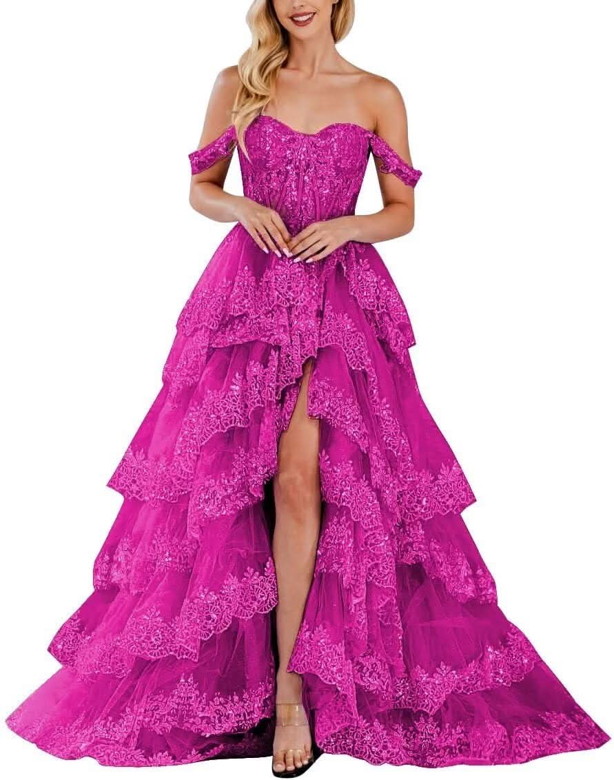 Lace Appliques Prom Dresses for Women Sparkly Tiered Tulle Off The Shoulder Formal Evening Gowns with Slit - Bmbride