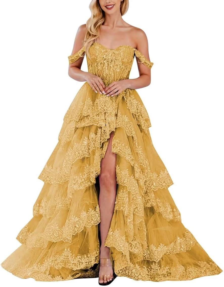 Lace Appliques Prom Dresses for Women Sparkly Tiered Tulle Off The Shoulder Formal Evening Gowns with Slit - Bmbride