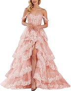 Lace Appliques Prom Dresses for Women Sparkly Tiered Tulle Off The Shoulder Formal Evening Gowns with Slit - Bmbride