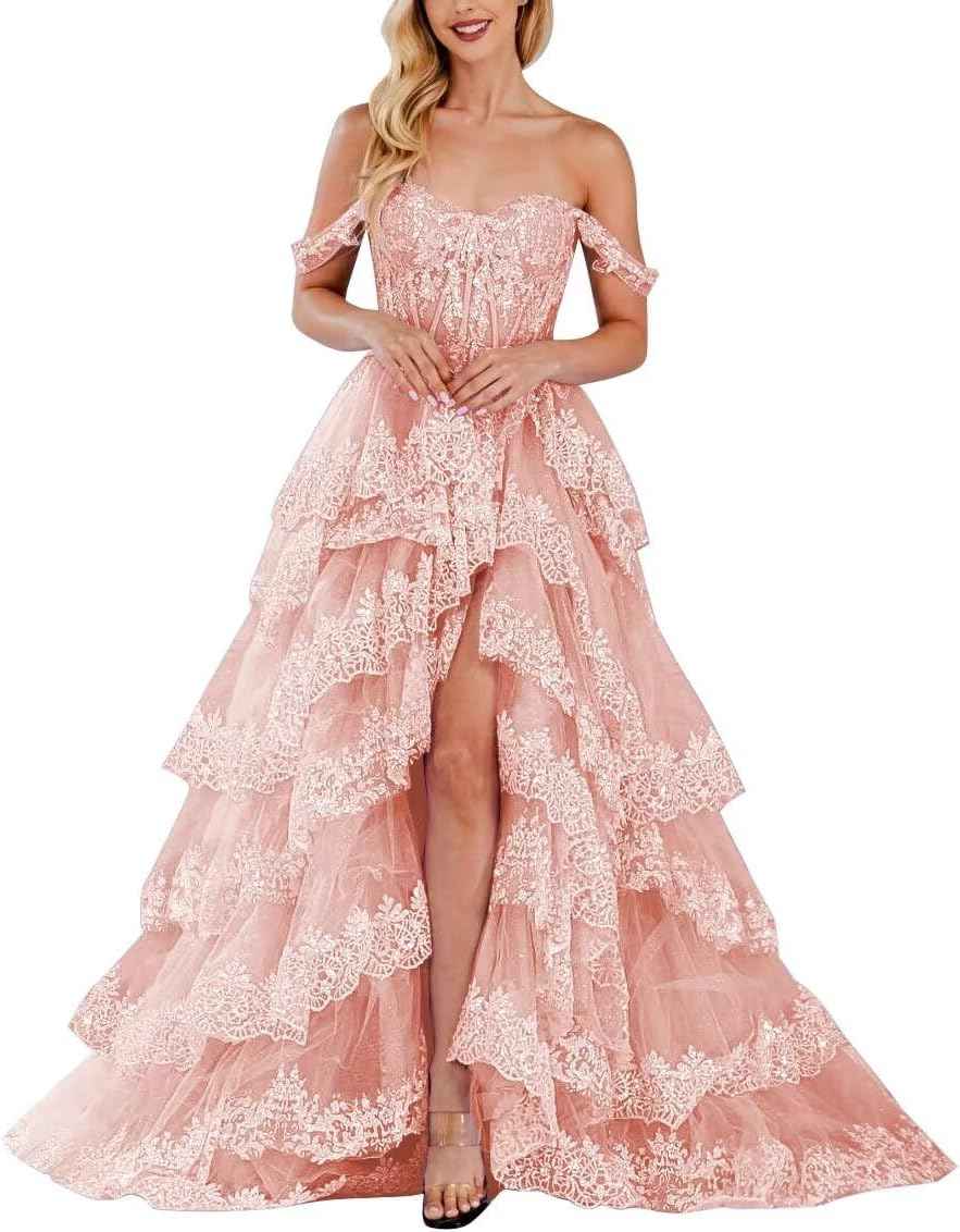 Lace Appliques Prom Dresses for Women Sparkly Tiered Tulle Off The Shoulder Formal Evening Gowns with Slit - Bmbride