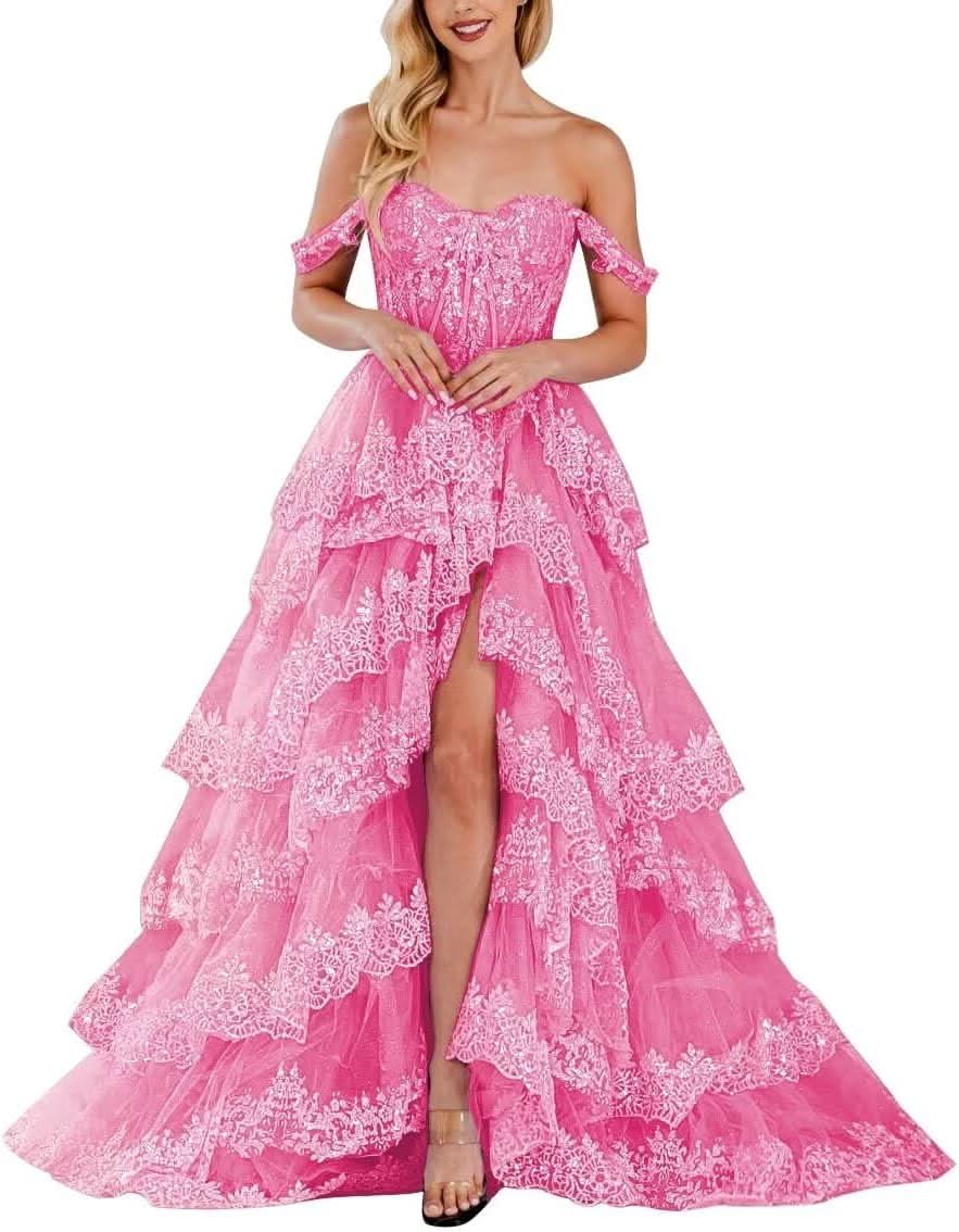 Lace Appliques Prom Dresses for Women Sparkly Tiered Tulle Off The Shoulder Formal Evening Gowns with Slit - Bmbride