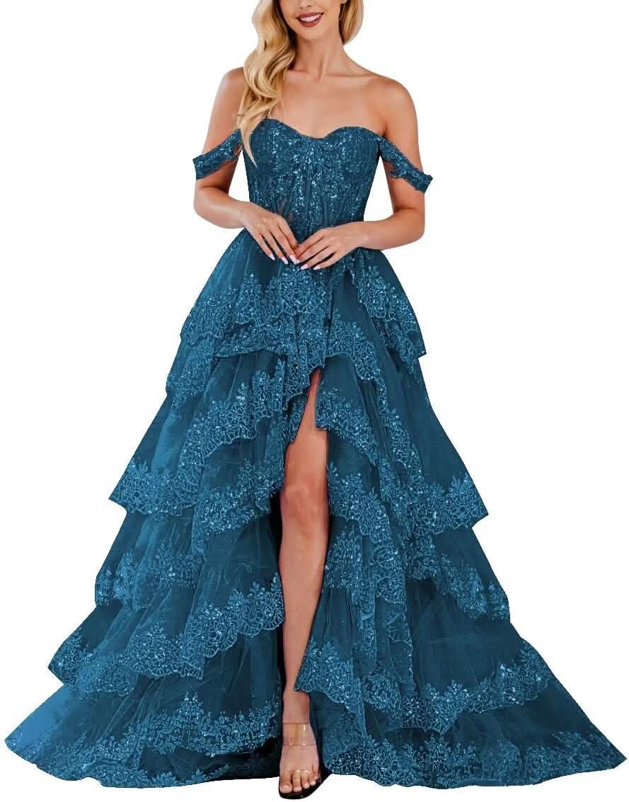 Lace Appliques Prom Dresses for Women Sparkly Tiered Tulle Off The Shoulder Formal Evening Gowns with Slit - Bmbride