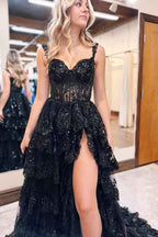 Lace Appliques Prom Dresses for Women Sparkly Tiered Tulle Off The Shoulder Formal Evening Gowns with Slit - Bmbride