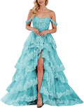 Lace Appliques Prom Dresses for Women Sparkly Tiered Tulle Off The Shoulder Formal Evening Gowns with Slit - Bmbride