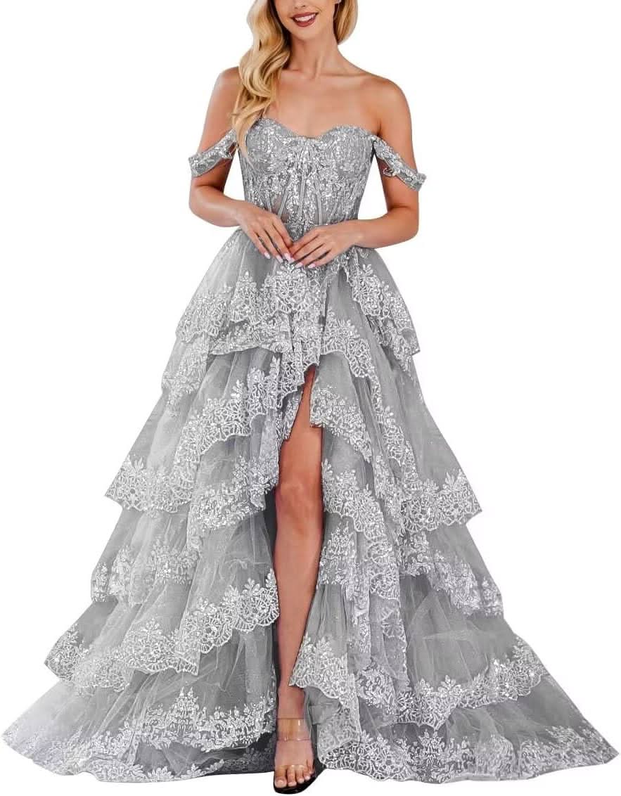 Lace Appliques Prom Dresses for Women Sparkly Tiered Tulle Off The Shoulder Formal Evening Gowns with Slit - Bmbride