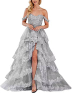 Lace Appliques Prom Dresses for Women Sparkly Tiered Tulle Off The Shoulder Formal Evening Gowns with Slit - Bmbride