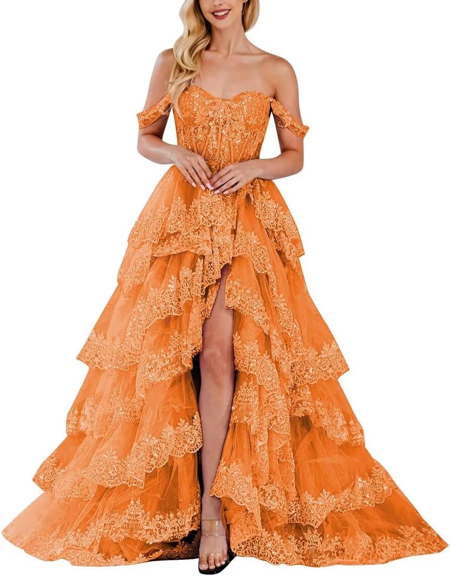 Lace Appliques Prom Dresses for Women Sparkly Tiered Tulle Off The Shoulder Formal Evening Gowns with Slit - Bmbride
