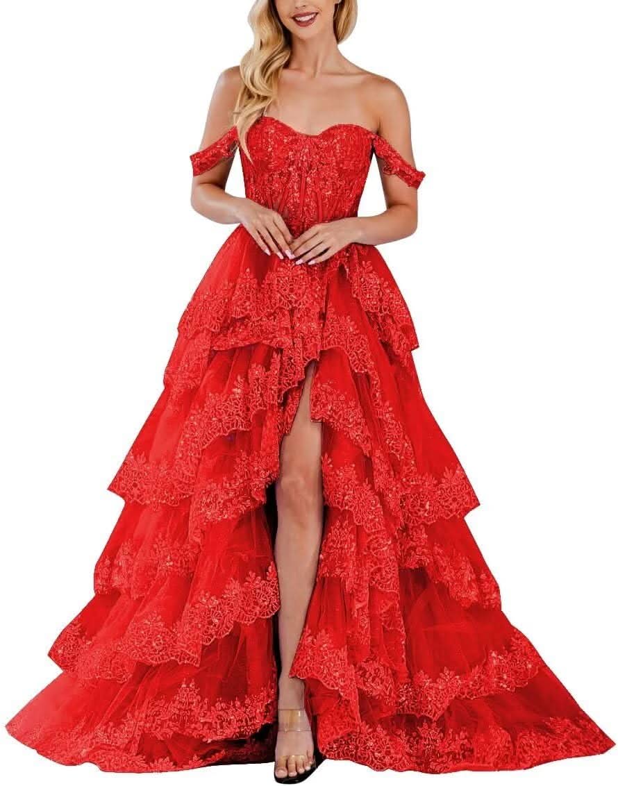 Lace Appliques Prom Dresses for Women Sparkly Tiered Tulle Off The Shoulder Formal Evening Gowns with Slit - Bmbride