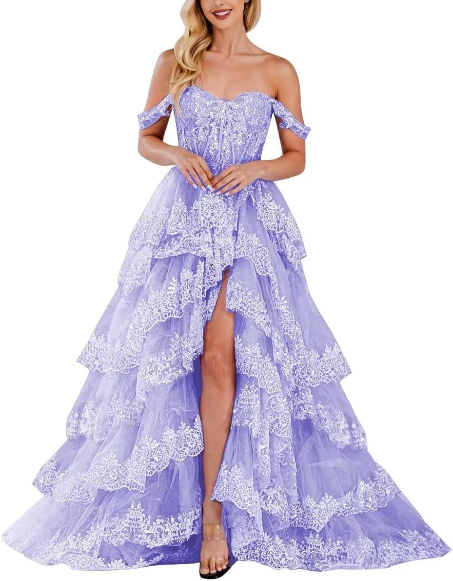 Lace Appliques Prom Dresses for Women Sparkly Tiered Tulle Off The Shoulder Formal Evening Gowns with Slit - Bmbride