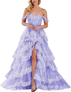 Lace Appliques Prom Dresses for Women Sparkly Tiered Tulle Off The Shoulder Formal Evening Gowns with Slit - Bmbride