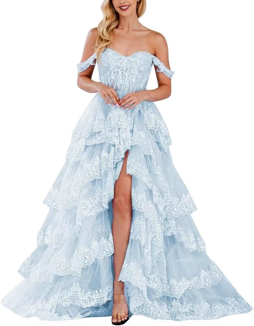 Lace Appliques Prom Dresses for Women Sparkly Tiered Tulle Off The Shoulder Formal Evening Gowns with Slit - Bmbride