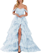 Lace Appliques Prom Dresses for Women Sparkly Tiered Tulle Off The Shoulder Formal Evening Gowns with Slit - Bmbride