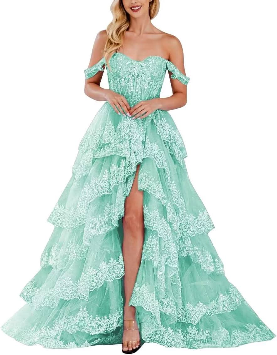 Lace Appliques Prom Dresses for Women Sparkly Tiered Tulle Off The Shoulder Formal Evening Gowns with Slit - Bmbride