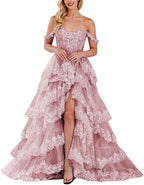 Lace Appliques Prom Dresses for Women Sparkly Tiered Tulle Off The Shoulder Formal Evening Gowns with Slit - Bmbride