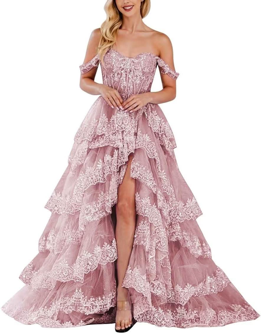 Lace Appliques Prom Dresses for Women Sparkly Tiered Tulle Off The Shoulder Formal Evening Gowns with Slit - Bmbride