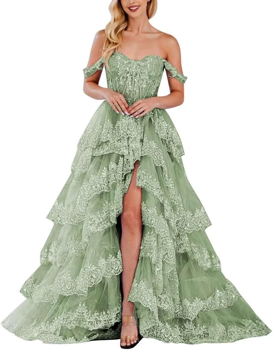 Lace Appliques Prom Dresses for Women Sparkly Tiered Tulle Off The Shoulder Formal Evening Gowns with Slit - Bmbride