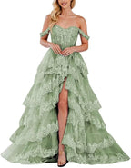 Lace Appliques Prom Dresses for Women Sparkly Tiered Tulle Off The Shoulder Formal Evening Gowns with Slit - Bmbride