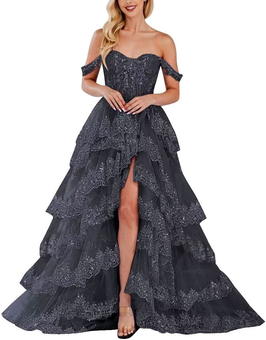 Lace Appliques Prom Dresses for Women Sparkly Tiered Tulle Off The Shoulder Formal Evening Gowns with Slit - Bmbride