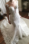 Lace Mermaid Wedding Dress Glamorous Sheer Tulle Bridal Wears with Buttons BM bride