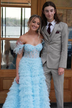 Sweet A-Line Sweetheart Tiered Tulle Long Prom Dress with Slit BM bride