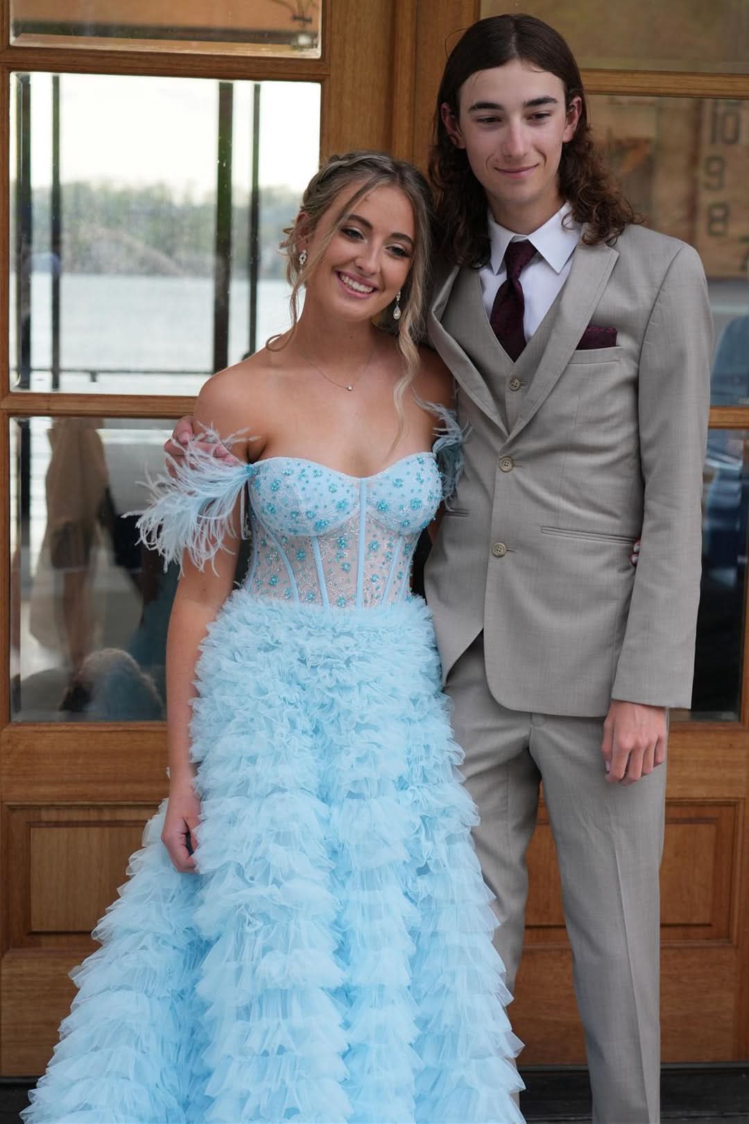 Sweet A-Line Sweetheart Tiered Tulle Long Prom Dress with Slit BM bride