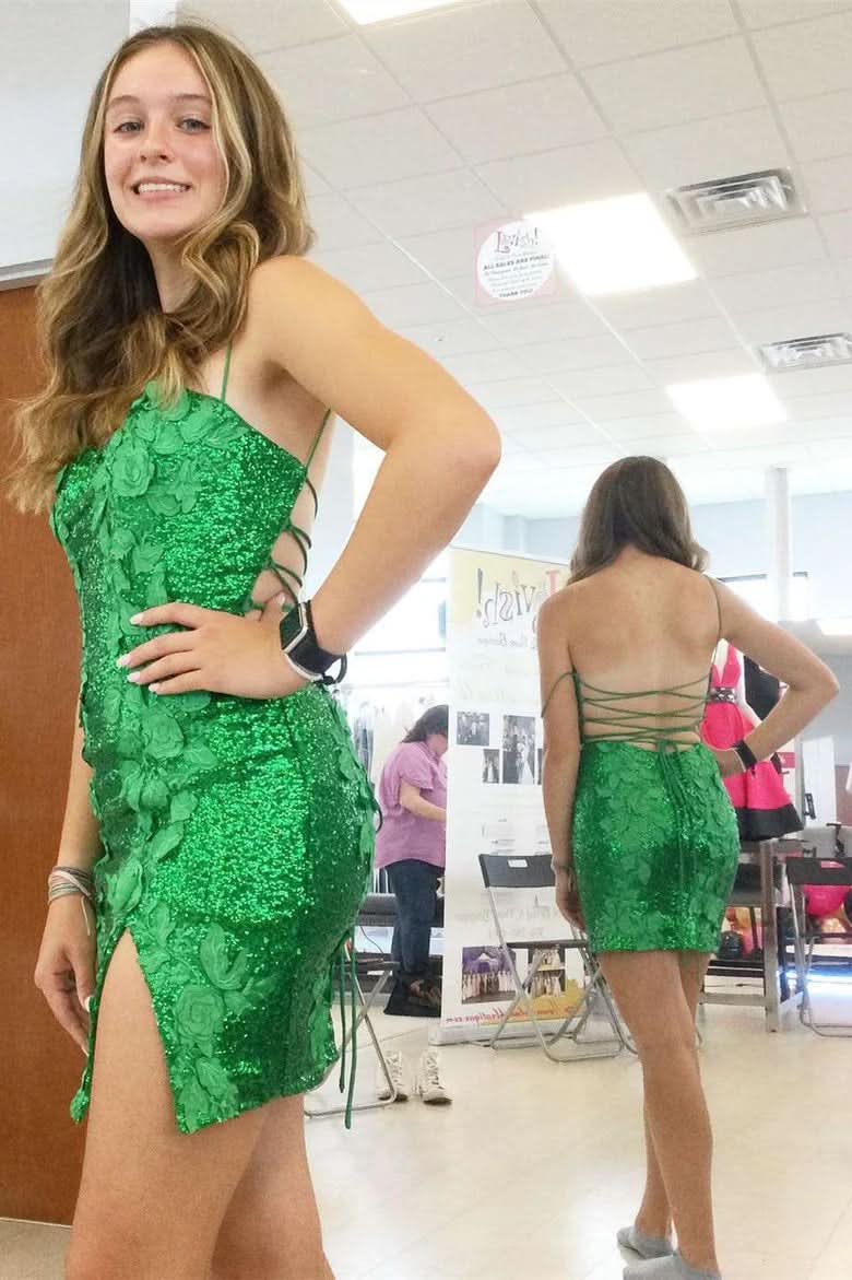 Radiant Sequin Sheath Open Back Homecoming Dress with 3D Flowers BM bride