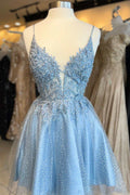 Light Blue Floral Lace Plunge Neck A-Line Short Party Dress for a Romantic Look BM bride