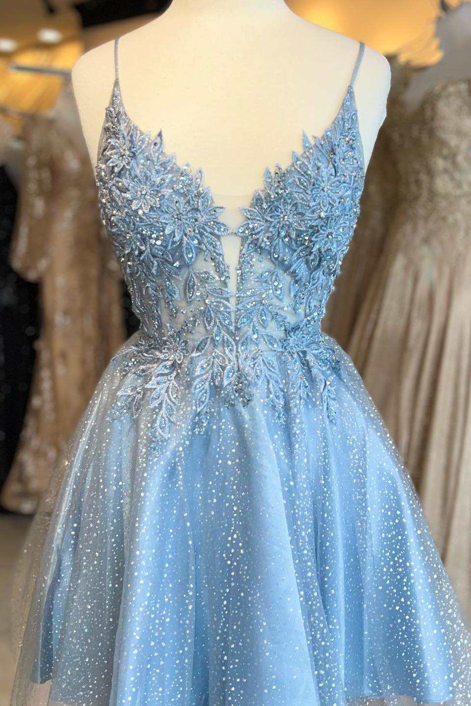 Light Blue Floral Lace Plunge Neck A-Line Short Party Dress for a Romantic Look BM bride