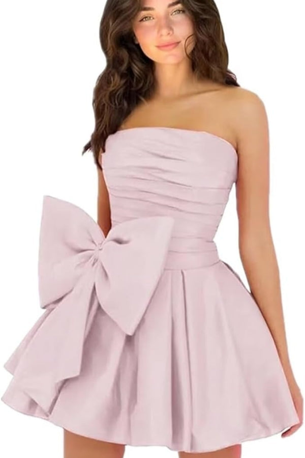 Simple Sleeveless Ruched Mini Homecoming Dress with Bow, Perfect for Any Party BM bride