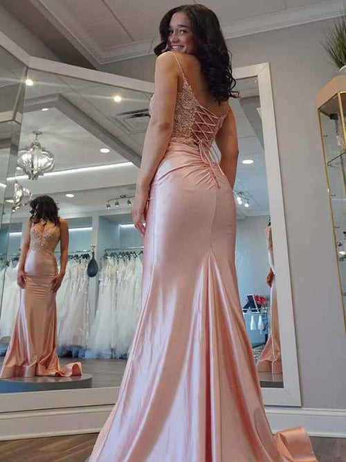 Light Pink Mermaid Spaghetti Straps Satin Appliques Long Prom Dress BMBRIDE