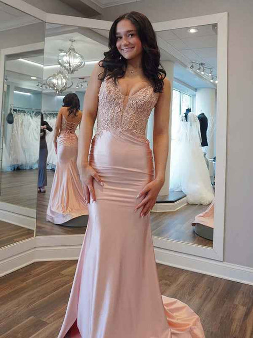 Light Pink Mermaid Spaghetti Straps Satin Appliques Long Prom Dress BMBRIDE
