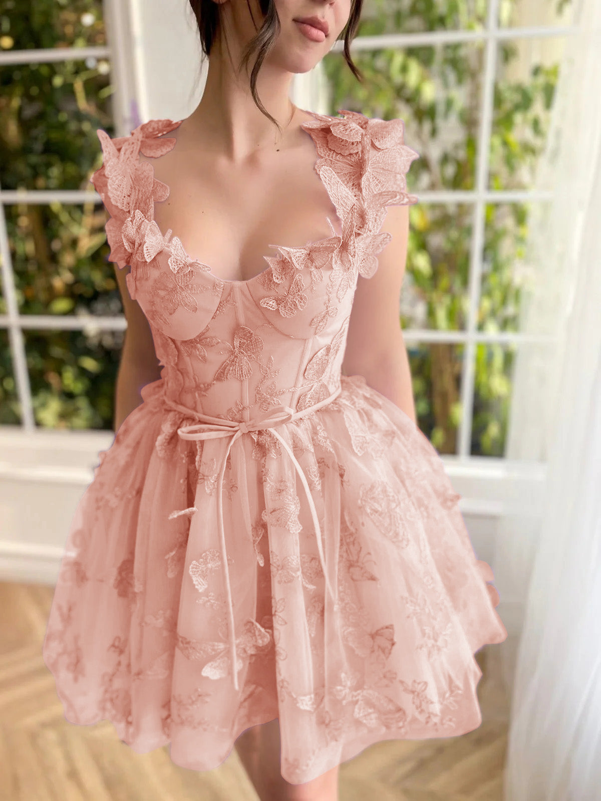 Charming A-Line Short Tulle Prom Dress with Enchanting 3D Butterflies BM bride