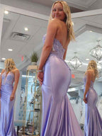 Lilac Mermaid Halter Corset Long Prom Dress with Appliques