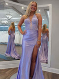 Lilac Mermaid Halter Corset Long Prom Dress with Appliques