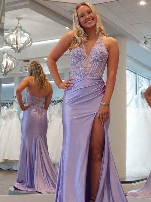Lilac Mermaid Halter Corset Long Prom Dress with Appliques BMBRIDE
