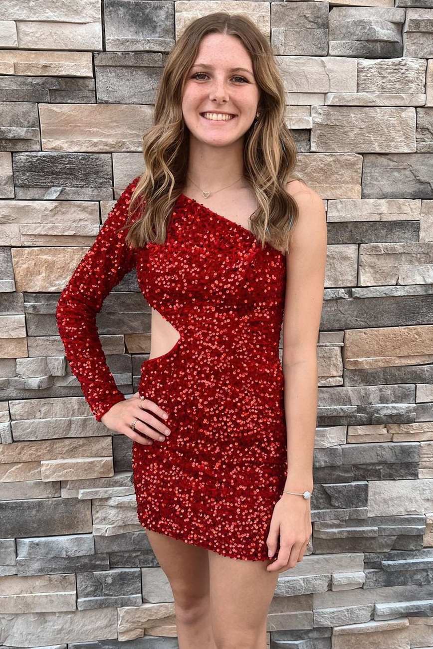 Vibrant Purple Sequin One-Sleeve Cutout Short Homecoming Dress BM bride