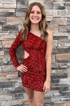 Vibrant Purple Sequin One-Sleeve Cutout Short Homecoming Dress BM bride