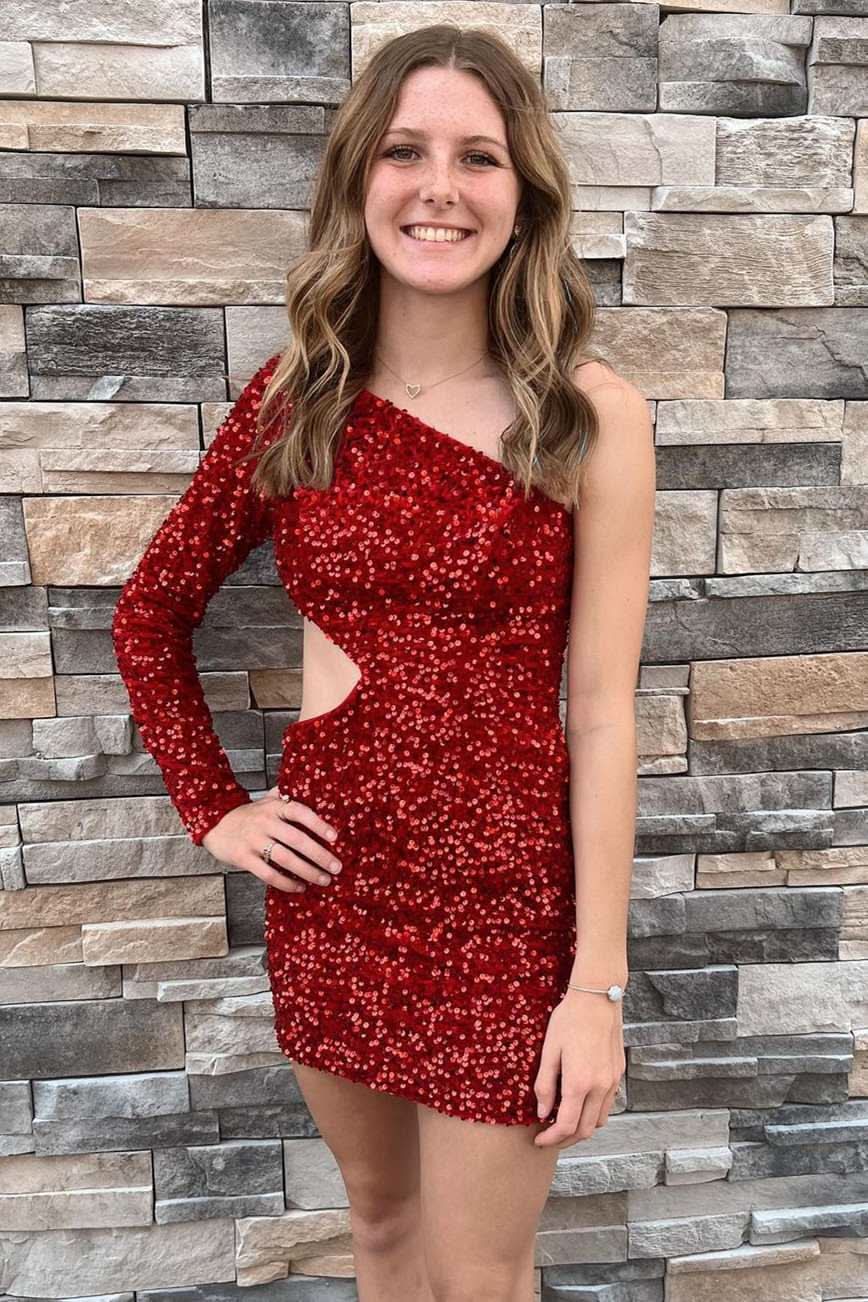 Vibrant Purple Sequin One-Sleeve Cutout Short Homecoming Dress BM bride