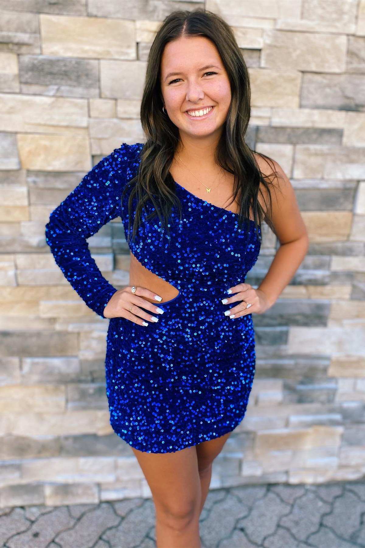 Vibrant Purple Sequin One-Sleeve Cutout Short Homecoming Dress BM bride