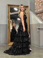 Beautiful Sheath One-Shoulder Tiered Lace Long Prom Dress BM bride