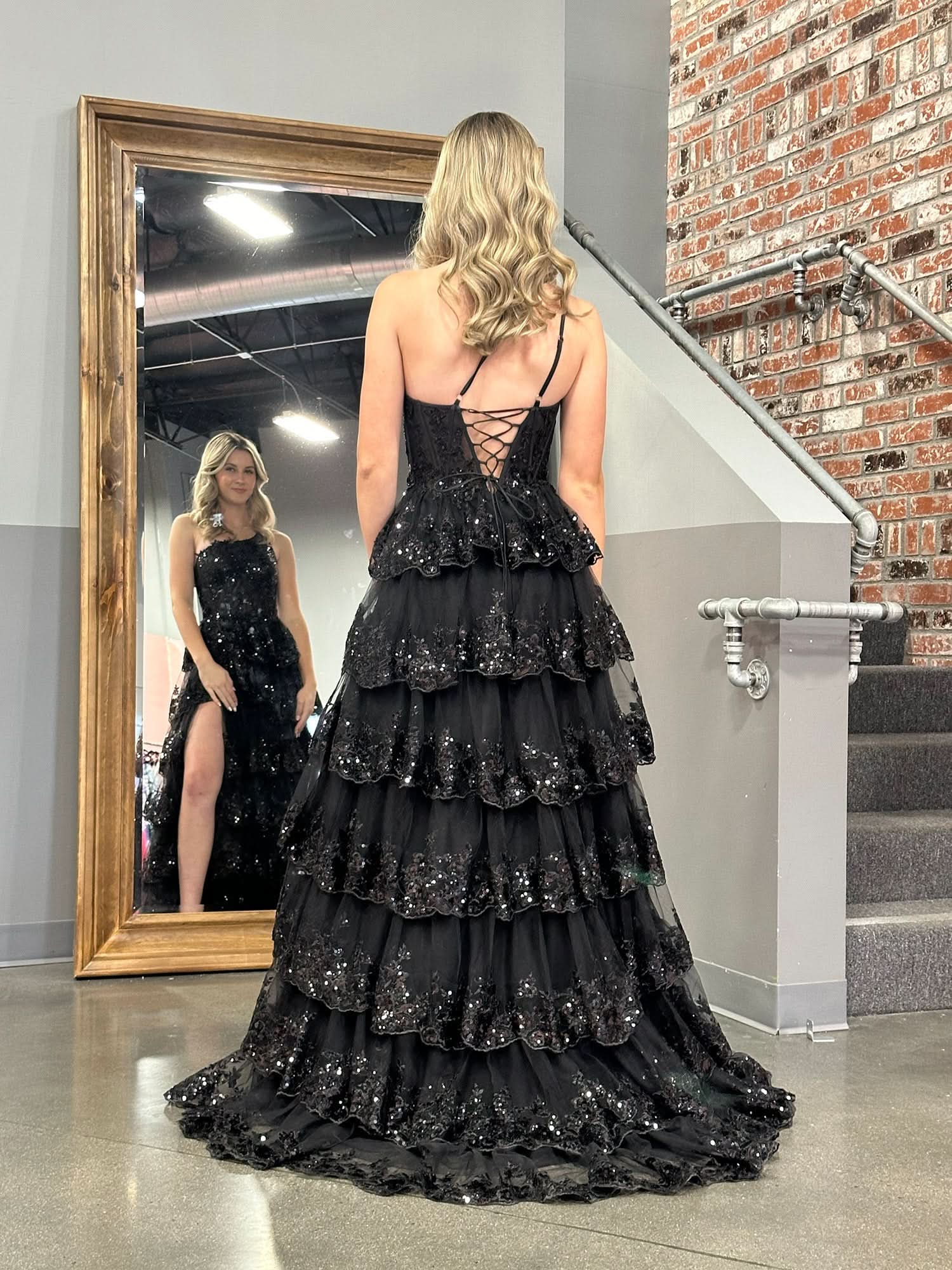 Beautiful Sheath One-Shoulder Tiered Lace Long Prom Dress BM bride
